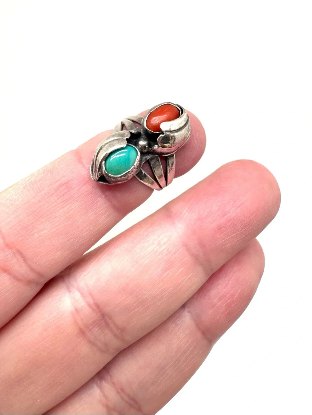 Vintage Sterling Silver Coral and Turquoise Ring Size 3 1/2
